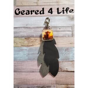 Cow Purse saddle charm , Leather Feather & highland cow lover concho keychain